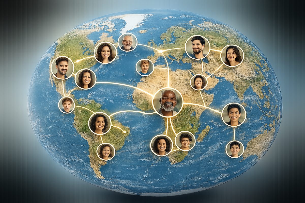 La familia conectada por todo el mundo sobre un mapa